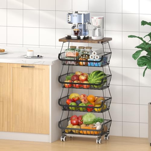 CHLORYARD Obstkorb mit Holzdeckel für die Küche, 5 Etagen, stapelbar, Draht, Obst-Gemüse-Aufbewahrungskorb, Organizer, Ständer auf Rad, Produktkorb, Kartoffel- und Zwiebel-Aufbewahrungsbehälter,