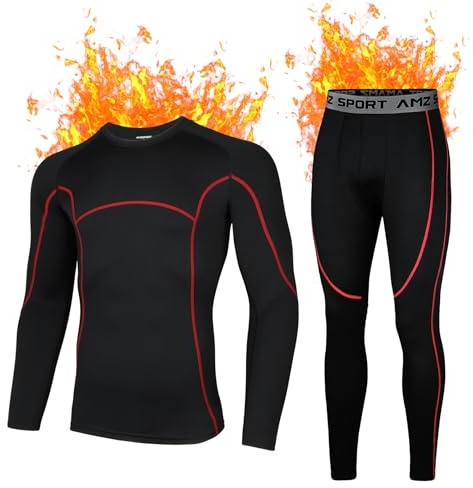 AMZSPORT Intimo Termico Uomo Set di Maglietta e Pantaloni a Compressione Asciugatura Rapida per Sci Palestra Ciclismo Calcio Corsa, NeroRosso S