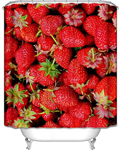 EHOMERY Tende Doccia Camper Tenda Vasca Antimuffa Fragola Tenda Doccia per Vasca da Bagno Ombrello Tenda per Vasca con Anelli Polyester con 12 Anelli di Sospensione, 180X200Cm