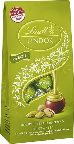 Lindt Schokolade LINDOR Kugeln Pistazie, Promotion | 137 g Beutel | ca. 10 Kugeln Vollmilchschokolade mit zartschmelzender Pistazien-Füllung | Pralinen-Geschenk | Schokoladen-Geschenk