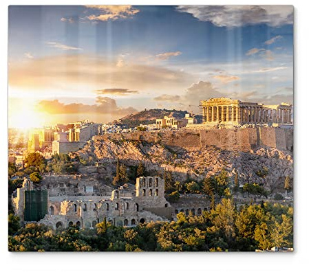 DEQORI Herdabdeckplatte Glas | einteilig 60x52 cm | Motiv Athener Akropolis | Ceranfeld Abdeckplatte für Küche | Herd-Abdeckung universal | Glasplatte & Schneidebrett für Kochplatten
