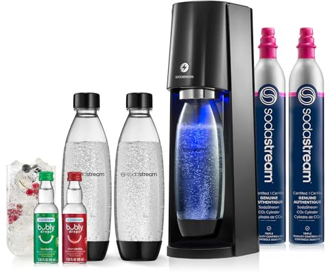 SodaStream - E-TERRA Soda Maker | VALUE BUNDLE | 3 Automatic Carbonation Levels | Includes 2x CO2 Cylinders, 3x 32 Fl Oz Dishwasher Safe Bottles, 2x Bubly Fruit Flavor Drops, 1x Power Adapter | Black