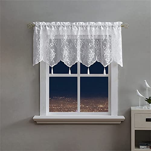Trayosin Bistrogardine Boho Vorhang mit Quaste Kurzstores Gardinen Vorhang Schals Gardinenschals Kurz Landhausstil Spitze Vintage Vorhänge Weiß Transparent Scheibengardinen 1 Stück (152x45cm)