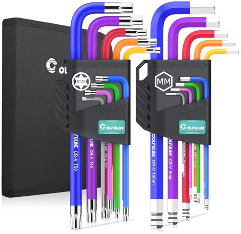 COLFULINE 18PCS Allen Key Set & Star Key Set with Storage Bag, Alan Keys Sets with Colour Coding, Metric Long Allen Keys Sizes 1.5mm-10mm, T10-T50 for Furniture Assembly, Bicycle Repair, Household DIY