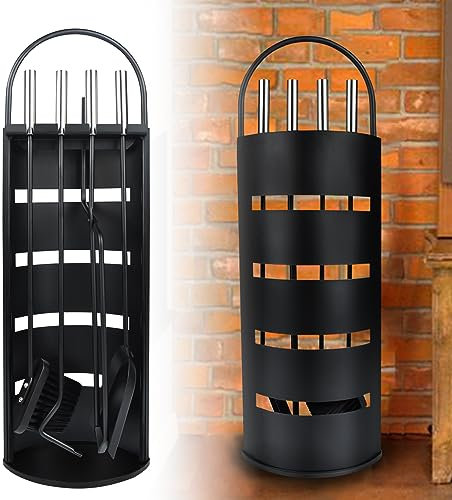 CEEDIR 5-teilige Kaminbesteck mit 2-Edelstahlgriffe Eimer Kaminzubehör Kamingarnitur Ofenbesteck Schwarz Edelstahl mit Ständer, Besen, Zange, Schürhaken, Ascheschaufel