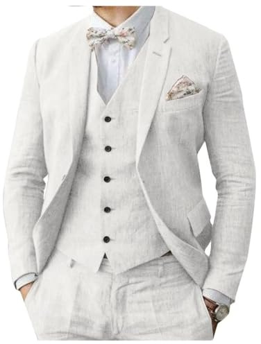 Abito da uomo in lino 3 pezzi formale da uomo d'affari blazer pantaloni abito con risvolti a tacca matrimonio testimoni dello sposo abbigliamento per feste, bianco, 68