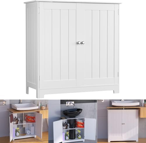 ZanGe Under Sink Bathroom Storage Cabinet Freestanding Basin Cupboard Unit 60 x 30 x 60 cm, White Bathroom Floor Cabinet with 2 Doors Adjustable Shelf - Cut-out Part 18 x 16cm