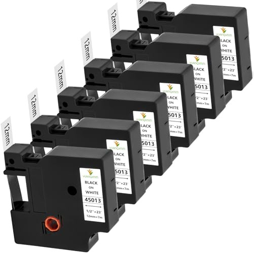 6x 45013 Kompatibel für Dymo D1 Etikettenband 12mm x 7m a45013 S0720530 | Schwarz auf Weiß D1 45013s Schriftband Kompatibel mit LabelManager Executive 640CB 160 210D 280 360D PNP LabelWriter 450 Duo
