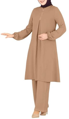 Generisch Damen Muslimische 2-Teilige Sets Langarm Button Down Hemd Hose Abaya Freizeitkleid Dubai Outfits Gebetskleidung Frauen Türkisch Lang Kleider Set Islamische Burka Muslim Kleidung (Khaki, XL)
