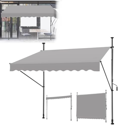 MAYTIIMO Klemmmarkise mit Handkurbel, Markise Balkon ohne Bohren, Balkonmarkise Höhenverstellbar Sonnenschutz Wasserdicht UV-beständiger (250 x 120 cm, Grau)
