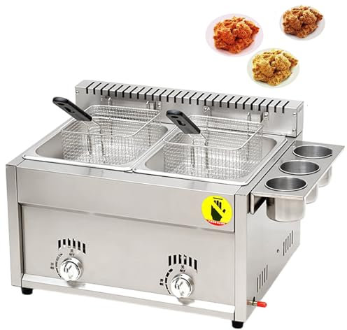 Fablestoryem Friteuse à gaz GPL de comptoir Commerciale 8Lx2, friteuse à gaz, friteuse à gaz de comptoir à 2 paniers, friteuse en Acier Inoxydable, pour Restaurant, supermarché, Snack-Bar