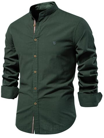 GULASISI Men's Cotton Shirts Long Sleeved Stand-Up Collar Button Down Oxford Shirt Casual Plain Smart Shirt Work Business Formal Shirts Army Green