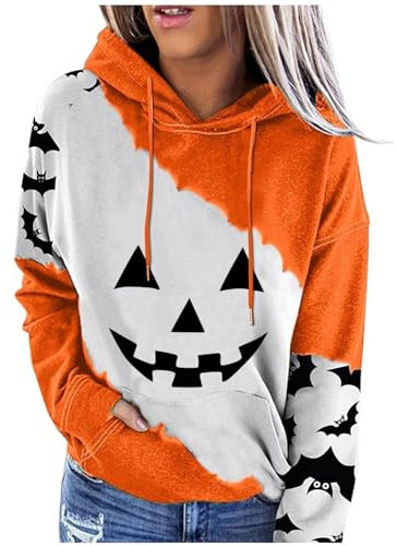 AMDOLE Halloween Maske Halloween-Sweatshirt für Damen 2024, Halloween, gruseliger, Grafikdruck, langärmelige Hoodies, lässige Pullover-Tops Schwarzer Kapuzenpullover (Orange, L)
