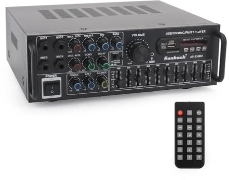 Areyourshop Hifi Verstärker Stereo pa endstufe mit Bluetooth 5.0 2000W Audio Receiver Karaoke FM USB SD AUX, Vorverstärker Hifi 5-Band-EQ-Mixer, 4 Mikr, Verstärker mit Boxen, Tuner Hifi Stereo
