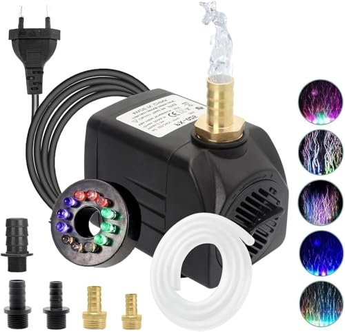 Lnicez Bomba de Agua con LED Luces 2000L/H 25W Bomba Sumergible para Acuario Estanque Pecera Fuente Circulación de Agua Dulce y Marino con 5 Boquillas mangueras de vinilo (1M)