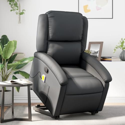 Homgoday Massagesessel mit Aufstehhilfe, Aufstehsessel Fernsehsessel Relaxsessel mit Liegefunktion, Seniorensessel Ruhesessel TV Sessel Liegesessel für Wohnzimmer Schwarz Echtleder
