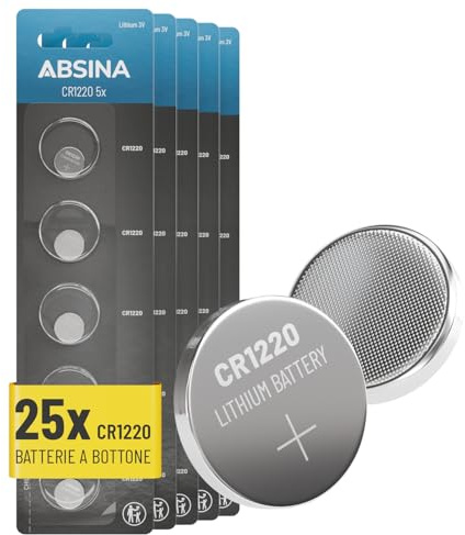 ABSINA CR1220 knappcell 3 V litium 25-pack – batteri CR 1220 läckagesäker och lång hållbarhet – CR 1220 3 volt för bilnycklar, klocka och mycket mer – CR1220 litiumbatterier