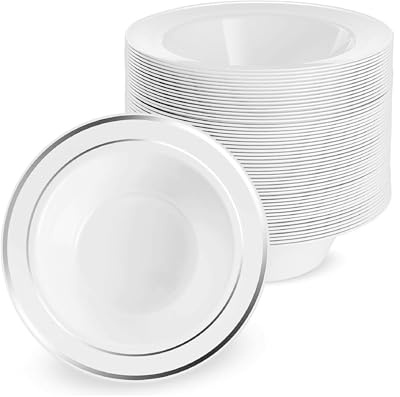 MATANA 50 Weiße Plastikschalen mit Silbernem Rand, Suppenteller, Suppenschalen (360ml) - Suppenschüssel für Hochzeiten, Geburtstage, Taufen, Weihnachten, Partys - Mehrweg & Stabil