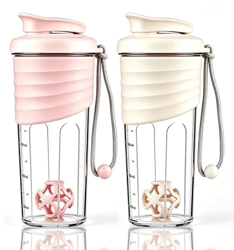 OUOUMUF Lot de 2 shakers à protéines avec boule mélangeuse Tritan pour shakes protéinés 700ml (Rose + Beige)