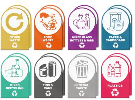 YIKIADA Mixed Pack of 16 Multi Recycling Bin Stickers 150 × 100 mm | Vinyl, Removable, Circle, Waterproof, Self Adhesive, Decal for Home Office Window Outdoor Indoor