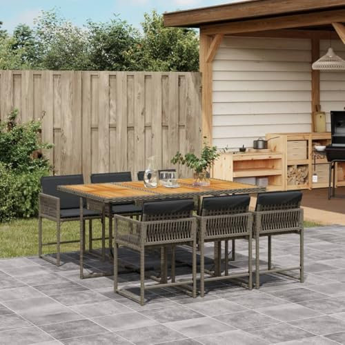 IKAYAA Rattan Gartenmöbel Set 6 Personen Rattan Sitzgruppe Gartenmöbel Set 6 stühle mit Tisch Garten Essgruppe 6 Personen Sitzgruppe Outdoor mit Kissen Poly Rattan-Grau-7-tlg