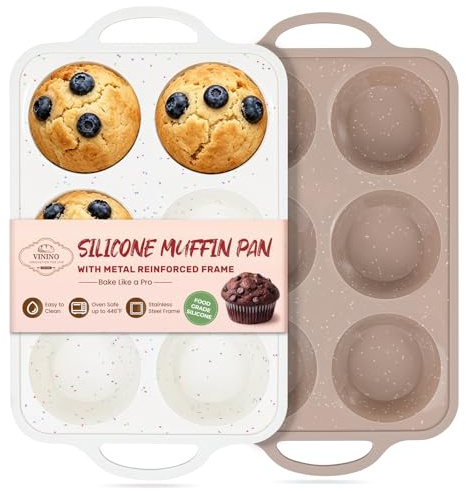 Vinino 2Pack Jumbo Silicone Muffin Pans for Baking with Metal Reinforced Frame, 6 Cups Large Size Nonstick Cupcake Pan, BPA Free Oven Dishwasher Safe Baking Mold for Muffins Cupcakes VN