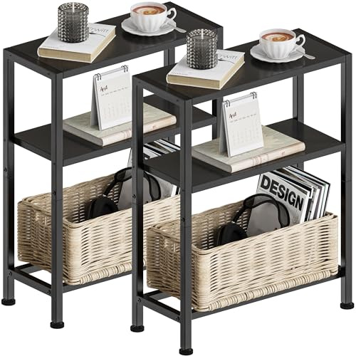 Schmaler Beistelltisch, Nachttisch, 2er Set, 3 Ablagen Nachttisch Schmal mit Stauraum, sofa beistelltisch für schmale Räume, für Wohnzimmer, Schlafzimmer, Küche &Balkon, Arbeitszimmer (Schwarz)