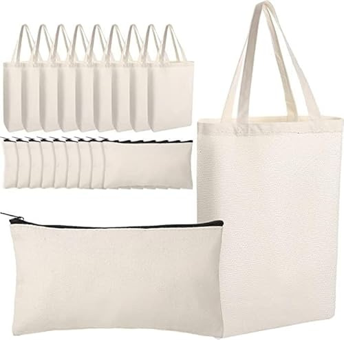 Malloom 10 Stück Baumwolltasche & Stoffbeutel Set – unbedruckte Tragetasche und Makeup-Pouch zum Bemalen, ideal als Einkaufstasche, Jutebeutel & DIY Geschenk für Hochzeit und Bastelprojekte