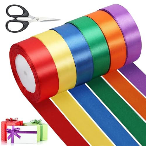 6 Farbe 25mm x 22.8m Satinband Bunt - Dekoband Seidenbänder Bunt,Geschenkband Schleifenband,Regenbogen Stoff Bänder für Blumen Hochzeit Geburtstag DIY Geschenkverpackung Dekoration Basteln Luftballon