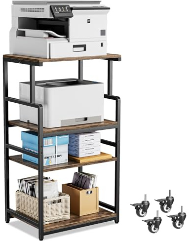 Aquzee Printer Stand, Large Printer Table with Storage, 4-Tier Wooden Heavy Duty Rolling Cart, Home Office Height Adjustable Storage Shelf for 3D Printers, Scanner, Fax