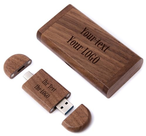 MEMORABBIT Ovaler Holz-Stick in Box, 4–256 GB, USB 2.0–3.0, USB-C 3.1/3.2, graviertes Logo/Text USB Flash Drive Memory Wood Walnuß/Ahorn Holz (1 Stück Walnuss – Gravur, 256 GB 3.0 + USB-C 3.2)
