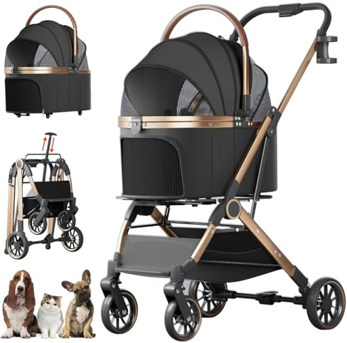 4 Wheels Pet Stroller for Small Medium Dogs Cats Up to 45 lbs Folding Dog Stroller with Detachable Breathable Carrier Suitable for Car Seat, Hand Carry & Travel, All Terrain, 3 in 1 Multifunctional