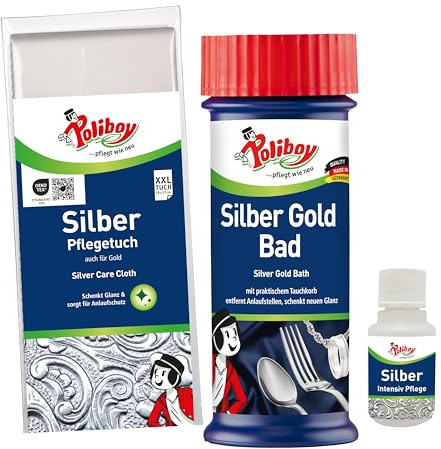 POLIBOY Silberpflege Set - Silber Gold Bad mit Tauchkorb & Silber Pflegetuch zur Reinigung von Schmuck, Besteck & Dekoration - Für Silber, Versilbertes & Gold - inkl. Produktprobe - Made in Germany