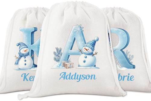 papasgix Christmas Sacks Personalised Santa Sack Extra Large with Initial & Name Custom Drawstring Christmas Wrapping Bags Xmas Gift Bags Christmas Stocking Alternative(Blue,30x40CM)
