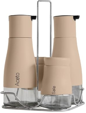 IlGruppone Set Condimento 4 Pezzi Olio Aceto Sale Pepe Vetro Acciaio Certificato per Alimenti Organizzatore Acciaio Inox con Stand in Metallo Condimenti Tavola Oliera Saliera - Azzurro (Biscotto)