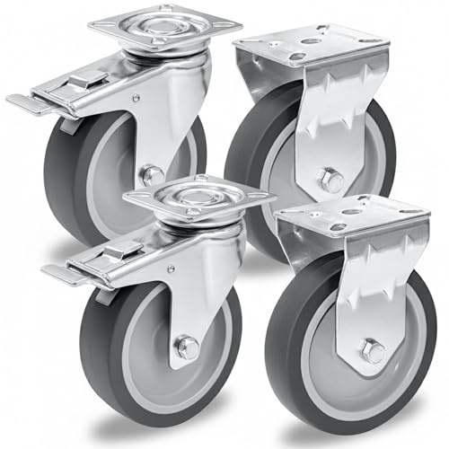 PRIOstahl Lot de 4 roulettes de transport, 100 mm, grises, 2 roulettes pivotantes avec frein + 2 roulettes fixes, silencieuses et sans trace, robustes pour meubles, atelier, industrie, garage, armoire