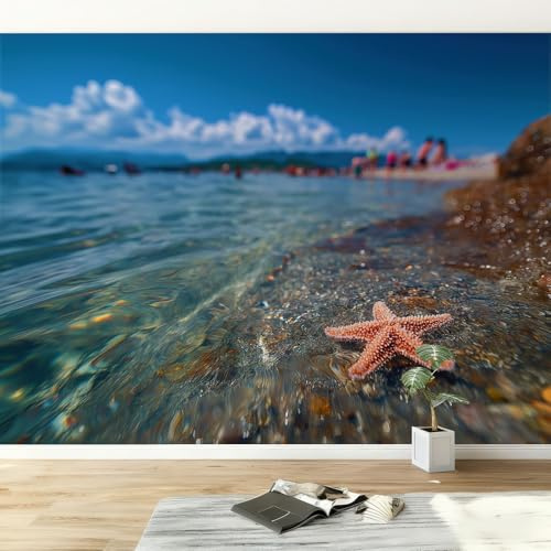 Azul Papel Pintado Panorámico Playa Agua De Mar Estrellas De Mar, 250 x 175 cm Fotomurales Pared Tejido No Tejido Decorativos Murales Fotográfico Moderno Decoración de Paredes