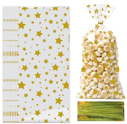 Kekstüten – Leckerlibeutel Mit Sternenmotiv Und 60 Bändern, 50-teilige Tasche Für Kekse, Süßigkeiten Und Leckereien | Perfekt Für Weihnachten, Halloween, Partys, Backen, SelbstgemachtesUUnd Bäckereien