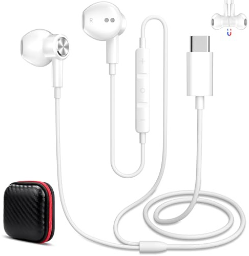 Ecouteurs Filaire Type-C pour Samsung Galaxy A17 A56 A36 A26 S25 S24 A16 | Écouteurs filaires magnétiques USBC avec Microphone et Contrôle Volume pour realme GT 8 C85 Pro/iPhone 17 Pixel 9 10, Blanc