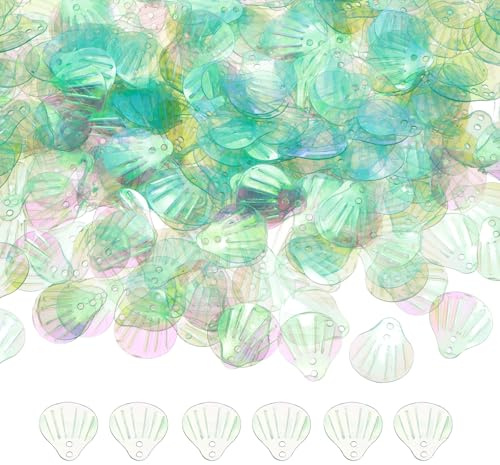 QUARKZMAN 50 Grammi Paillettes Sciolte 13 MM Paillettes A Conchiglia E Lustrini Con 2 Fori Per Orecchini Accessori Abbigliamento Ricamo Cucito, Fantasy Trasparente Verde