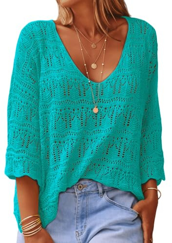 UNCLECAT Womens Spring Summer Crochet Hollow Out 3/4 Sleeve Pullover Sweater Boho Off Shoulder T-Shirts Green