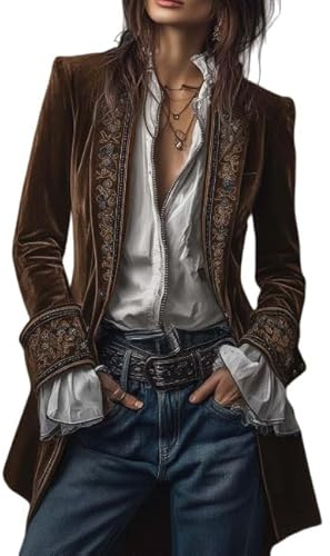 Blazer Mujer - Chaqueta Larga Bordada De Terciopelo Vintage para Mujer con Exquisito Bordado Floral Blazer De Terciopelo con Solapa con Muescas Retro Traje Bohemio con Frente Abierto Ropa De Abrigo