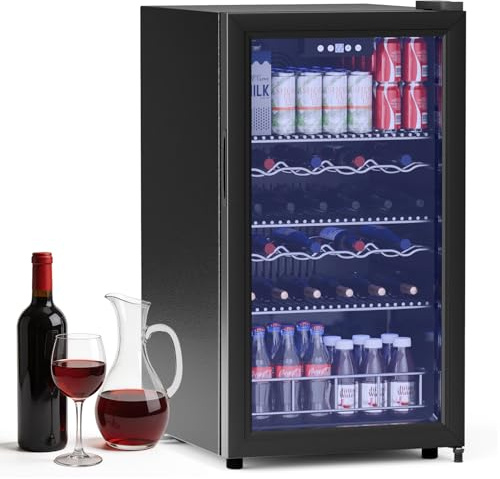 VELPAX Under Counter Fridge, 108L Drinks Fridge with Digital Display (4°C to 16°C), UV-Protected Double Tempered Glass Door, Blue Soft Glow, for for Home Bar, Kitchen & Office (Black)