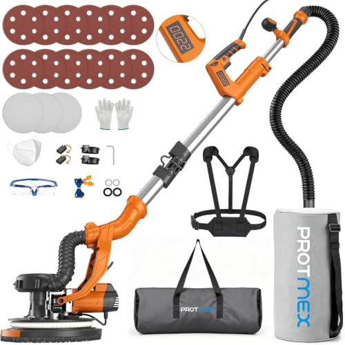 Protmex Drywall Sander for Walls Ceiling, 1000W 6-Speed with LED & Vacuum | Electric Wall Sander with LED Light, 6 Variable Speed 800-2200RPM, Foldable & Extendable Handle,15Pcs Sanding Discs