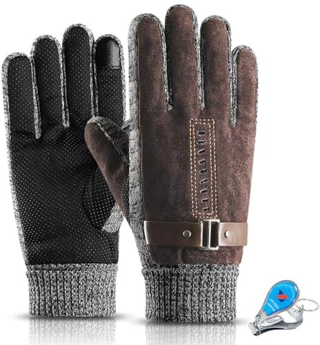 KXF Thermo-Handschuhe für Herren, Leder, Winterhandschuhe, dick, warm, mit Fleece gefüttert, winddicht, kältebeständig, Touchscreen-Handschuhe für Radfahren, Fahren, Laufen, Camping, Wandern