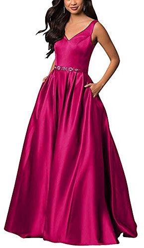 Ledare av skönhetens V-ringad bal aftonklänningar med fickor satin maxi pärlor formella klänningar, fuchsia, 36 SE