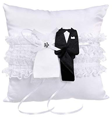 Amosfun Hochzeit Ringkissen Braut Bräutigam Kleid Spitze Ringkissen Kissen für die Trauung