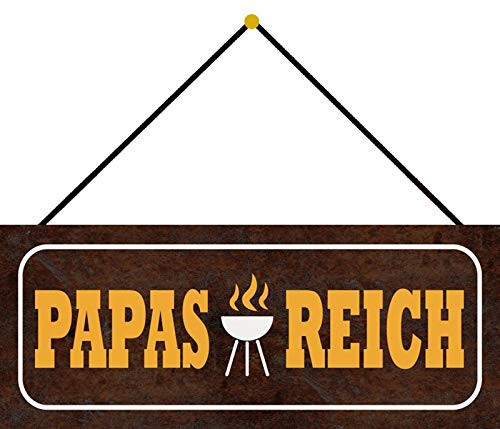 Schatzmix Papas Reich (Schild mit Grill) 27x10cm Deko tin Sign mit Kordel Blechschild, Blech, Mehrfarbig, 27x10 cm