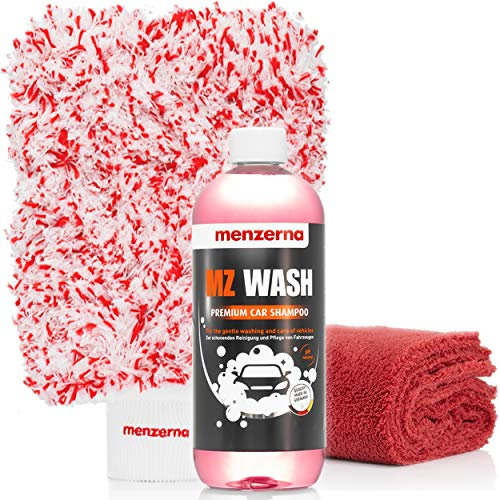 detailmate Autopflege Set: Menzerna MZ Wash Autoshampoo 1 Liter + Menzerna Wash Mitt Waschhandschuh Edgeless Superflausch Mikrofaser Trockentuch 550 GSM, 40x40cm