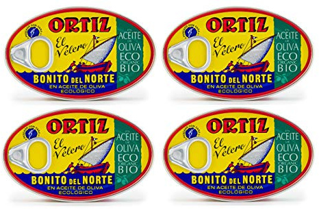 Ortiz Atún Blanco en Aceite de Oliva Orgánico | Paquete de 4 | Atún Bonito del Norte en EVOO Orgánico Importado de España | Silvestres | 100% Natural | Pescado Premium en lata de 4 oz (112 gramos)